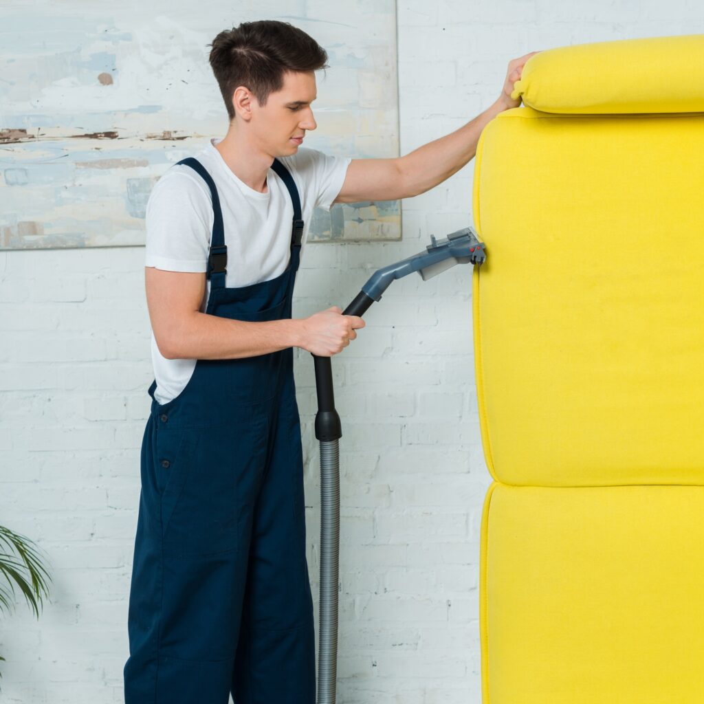 side view of cleaner dry cleaning modern sofa with vacuum cleaner